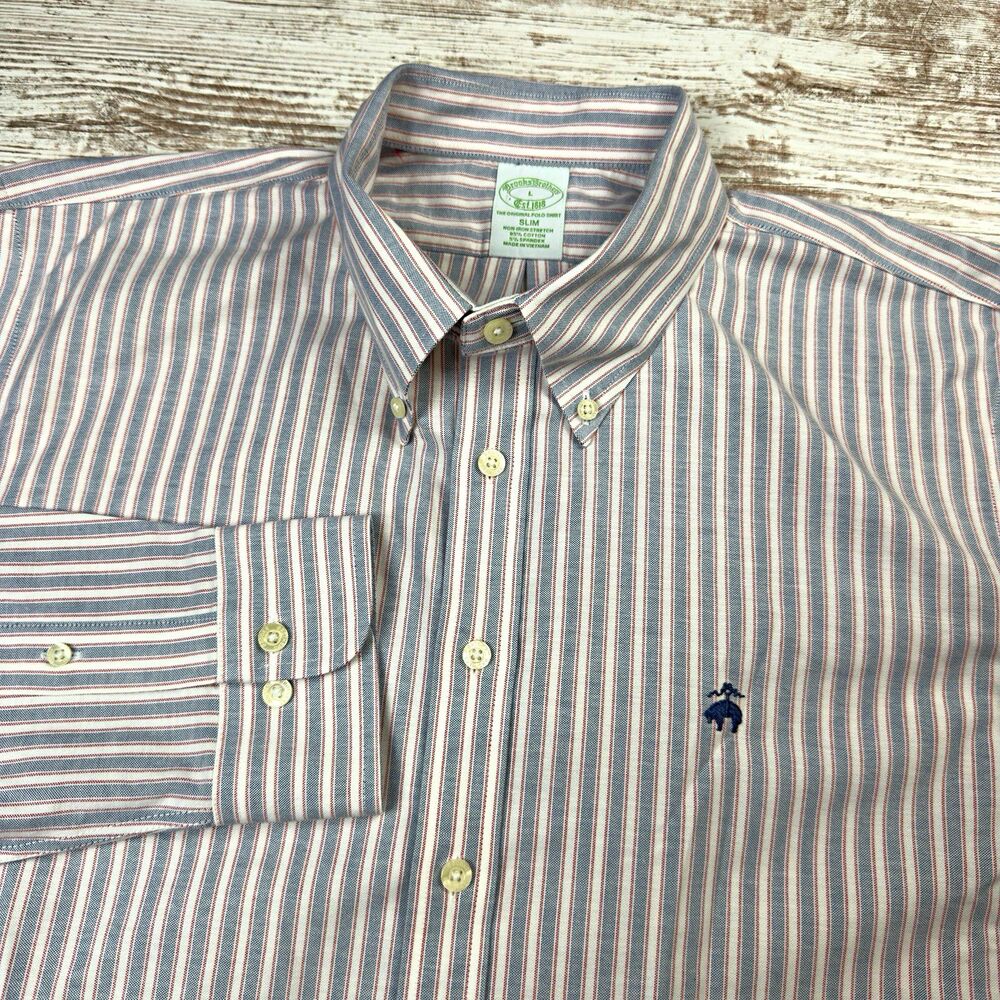 Brooks Brothers Slim Non-Iron Stretch Button down men’s L Oxford Striped logo